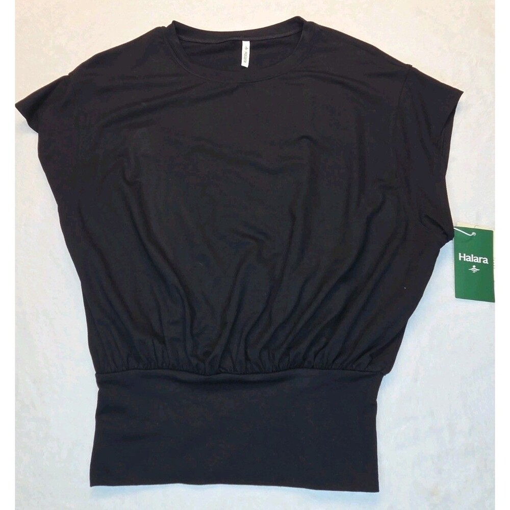 Halara Top Women Medium Black Short Sleeve Banded Waist Crewneck NWT